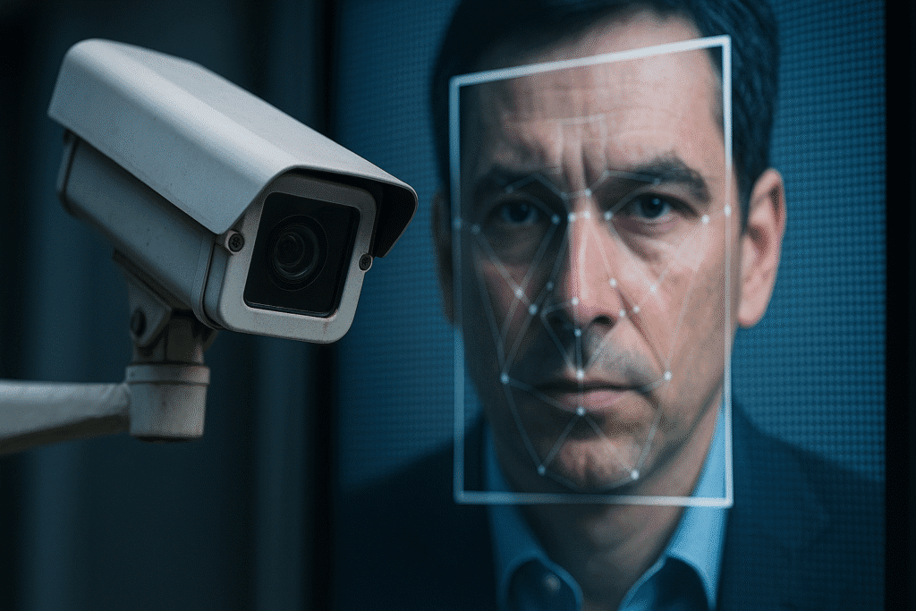 Primer plano de una cámara de vigilancia enfocando a un hombre cuya cara está siendo escaneada por un sistema de reconocimiento facial, ilustrando el uso de IA y vigilancia para el control y la seguridad.