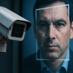 Primer plano de una cámara de vigilancia enfocando a un hombre cuya cara está siendo escaneada por un sistema de reconocimiento facial, ilustrando el uso de IA y vigilancia para el control y la seguridad.
