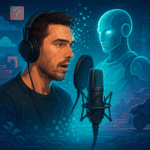 Ilustración de un actor de voz grabando en un estudio, con un robot futurista observándolo, representando el impacto de la IA en la actuación de voz en videojuegos.