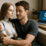 Hombre abrazando a una androide humanoide con expresión afectiva, ilustrando el concepto de relaciones con IA y vínculos emocionales entre humanos y robots. Al fondo, una laptop con interfaz de chatbot.