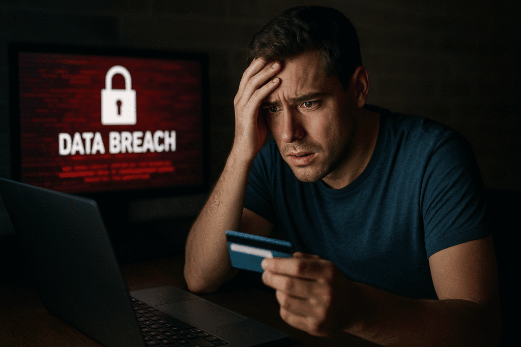Hombre preocupado sosteniendo una tarjeta de crédito frente a una laptop, con una pantalla en el fondo que muestra una alerta de “Data Breach”, representando el impacto de una filtración de datos personales.
