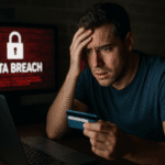 Hombre preocupado sosteniendo una tarjeta de crédito frente a una laptop, con una pantalla en el fondo que muestra una alerta de “Data Breach”, representando el impacto de una filtración de datos personales.