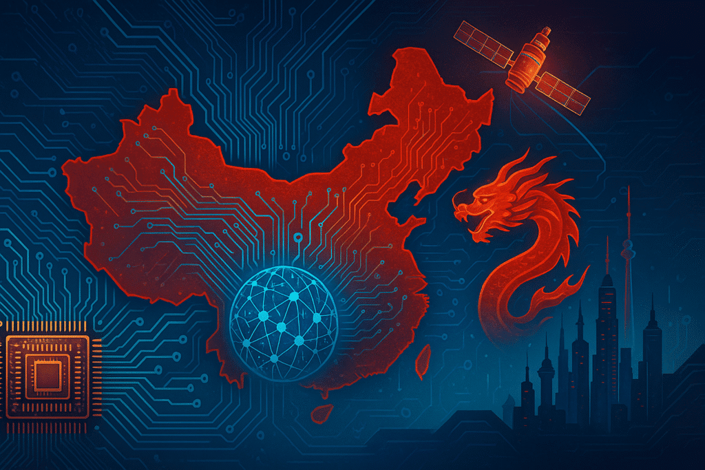Ilustración digital de China en color rojo con circuitos electrónicos que simbolizan su estrategia tecnológica; incluye un satélite, un dragón chino y un microchip, representando el poder tecnológico emergente de China en inteligencia artificial, semiconductores y geopolítica global.