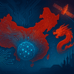Ilustración digital de China en color rojo con circuitos electrónicos que simbolizan su estrategia tecnológica; incluye un satélite, un dragón chino y un microchip, representando el poder tecnológico emergente de China en inteligencia artificial, semiconductores y geopolítica global.