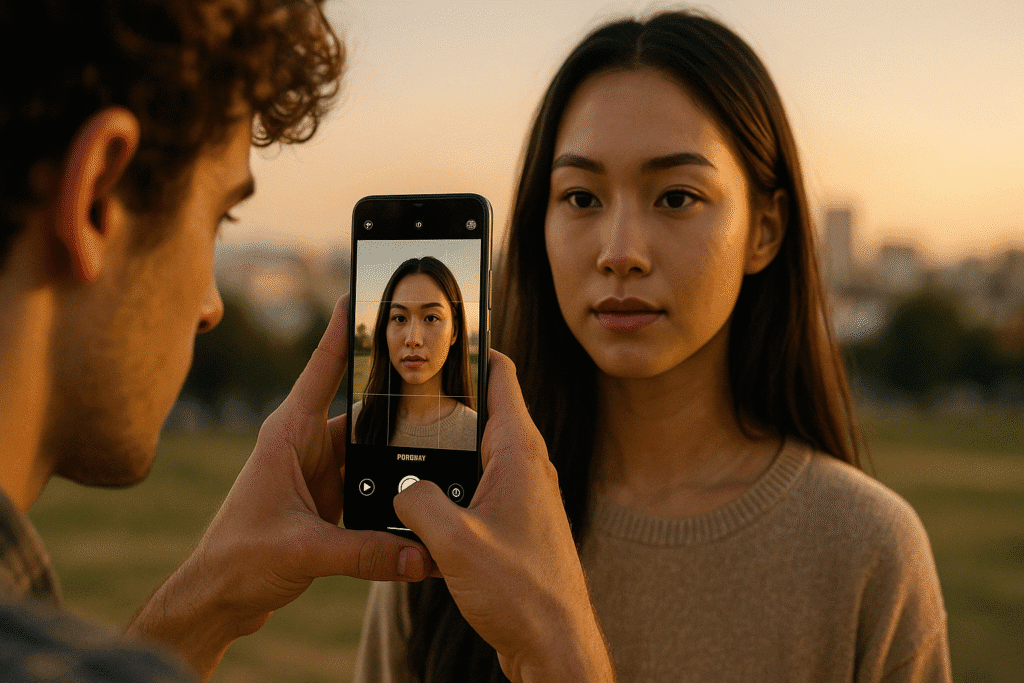 Persona tomando una foto de retrato con un smartphone al atardecer, demostrando el uso de inteligencia artificial en fotografía móvil para lograr enfoque automático y efecto bokeh.