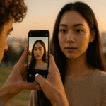 Persona tomando una foto de retrato con un smartphone al atardecer, demostrando el uso de inteligencia artificial en fotografía móvil para lograr enfoque automático y efecto bokeh.