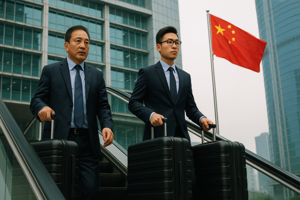 Dos hombres de negocios chinos con maletas negras bajando por una escalera mecánica en un área urbana moderna, con un edificio de oficinas y la bandera de China ondeando al fondo, representando la estrategia de China para impulsar la inteligencia artificial en Malasia.