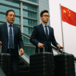 Dos hombres de negocios chinos con maletas negras bajando por una escalera mecánica en un área urbana moderna, con un edificio de oficinas y la bandera de China ondeando al fondo, representando la estrategia de China para impulsar la inteligencia artificial en Malasia.