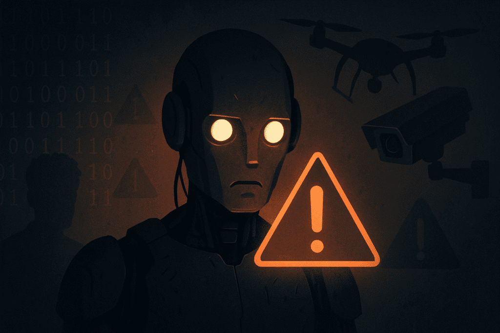 Ilustración oscura de un robot con ojos brillantes rodeado de símbolos de advertencia, un dron y una cámara de seguridad, representando los peligros de la inteligencia artificial y las amenazas a la privacidad y seguridad.