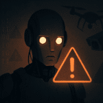 Ilustración oscura de un robot con ojos brillantes rodeado de símbolos de advertencia, un dron y una cámara de seguridad, representando los peligros de la inteligencia artificial y las amenazas a la privacidad y seguridad.