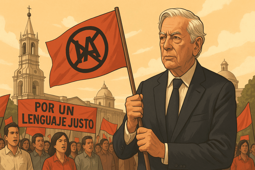 Ilustración de una manifestación en Arequipa encabezada por un hombre mayor con traje oscuro sosteniendo una bandera con símbolo contra la homogenización lingüística, en el contexto de la defensa del español frente a la inteligencia artificial, con pancartas que exigen un lenguaje justo.