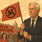 Ilustración de una manifestación en Arequipa encabezada por un hombre mayor con traje oscuro sosteniendo una bandera con símbolo contra la homogenización lingüística, en el contexto de la defensa del español frente a la inteligencia artificial, con pancartas que exigen un lenguaje justo.