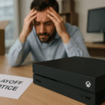 Hombre con gesto de angustia frente a una consola Xbox y una hoja con la frase "Layoff Notice", simbolizando la crisis en Xbox tras despidos masivos y cambios en la empresa. Preguntar a ChatGPT