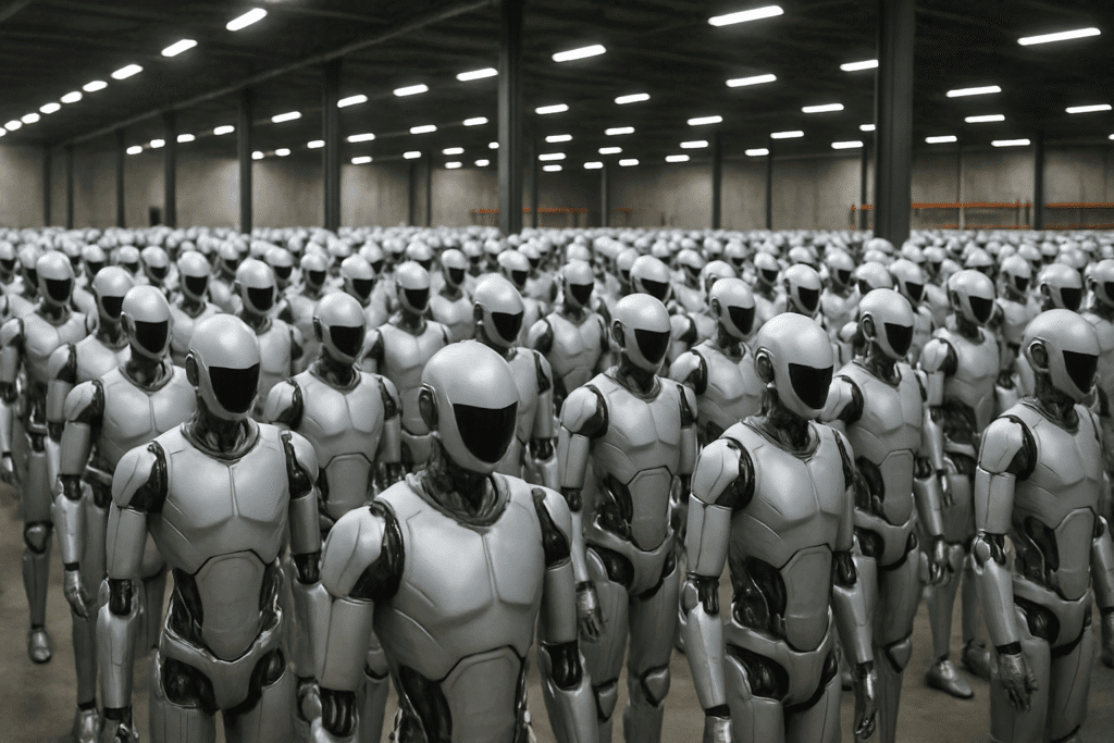 Un enorme grupo de robots humanoides plateados alineados en formación dentro de un almacén industrial, ilustrando el proyecto de Figure AI para producir 100.000 robots humanoides.