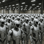 Un enorme grupo de robots humanoides plateados alineados en formación dentro de un almacén industrial, ilustrando el proyecto de Figure AI para producir 100.000 robots humanoides.