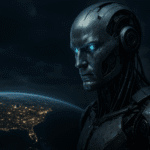 Primer plano de un androide con aspecto humano y ojos azules brillantes observando la Tierra iluminada desde el espacio, simbolizando el ascenso de la superinteligencia artificial en el mundo moderno.