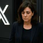 Mujer con gesto serio vestida de negro frente al logo iluminado de X (antes Twitter), simbolizando la dimisión CEO X en medio de una crisis corporativa.