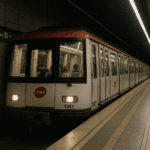 Tren del metro de Barcelona en la estación Glòries de la línea 1, con pasajeros a bordo durante el centenario del metro.