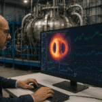 Científico analiza datos del plasma en un ordenador frente al dispositivo de fusión TJ-II, aplicando inteligencia artificial y fusión nuclear para optimizar el confinamiento magnético.