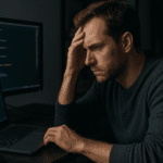 Programador frustrado frente a dos pantallas con código, evidenciando las dificultades al usar herramientas de IA en programación.