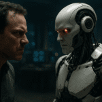 Un hombre confronta cara a cara a un robot humanoide con ojos rojos brillantes, simbolizando la tensión entre humanos y los riesgos de la inteligencia artificial autónoma. Preguntar a ChatGPT