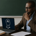Profesor universitario reflexionando frente a una laptop con un gráfico sobre ética en inteligencia artificial y justicia, en un entorno académico.