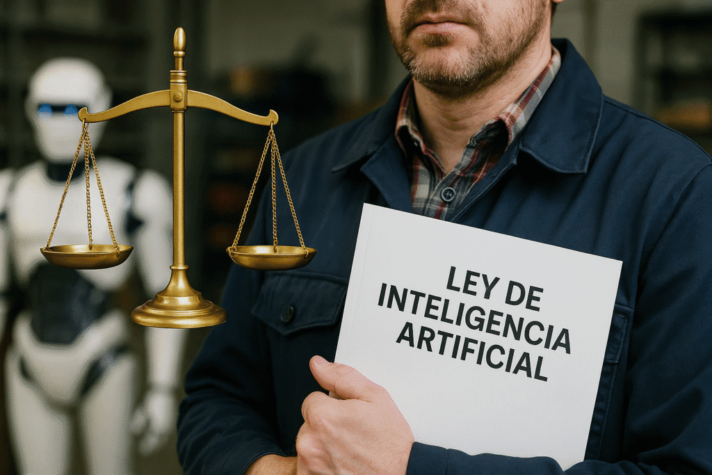 Hombre sosteniendo un documento titulado "Ley de Inteligencia Artificial", junto a una balanza de la justicia y un robot humanoide al fondo, simbolizando la regulación de la IA y los derechos laborales.