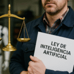 Hombre sosteniendo un documento titulado "Ley de Inteligencia Artificial", junto a una balanza de la justicia y un robot humanoide al fondo, simbolizando la regulación de la IA y los derechos laborales.