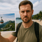Hombre en la playa sostiene una foto de un teleférico sobre montañas, representando el engaño de deepfakes turísticos y estafas de viajes creadas con inteligencia artificial.