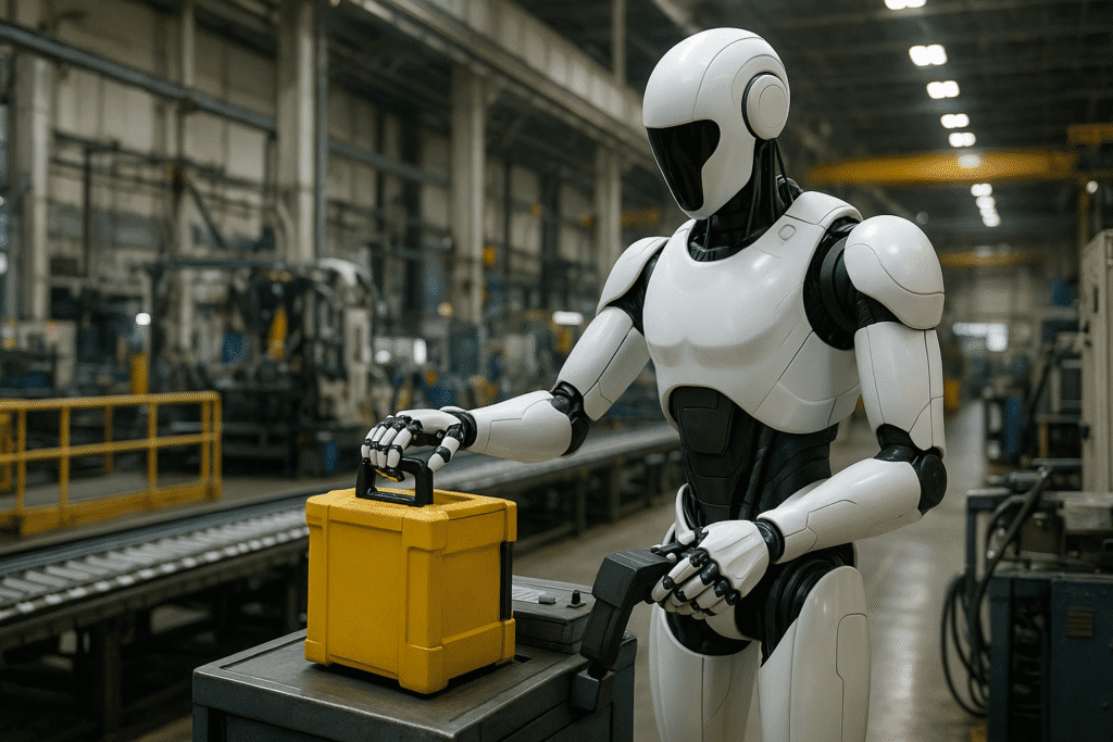 Robot humanoide autónomo Walker S2 manipulando una caja amarilla en una línea de producción industrial, demostrando su capacidad de trabajo sin intervención humana.
