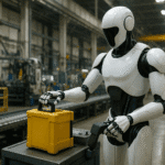 Robot humanoide autónomo Walker S2 manipulando una caja amarilla en una línea de producción industrial, demostrando su capacidad de trabajo sin intervención humana.