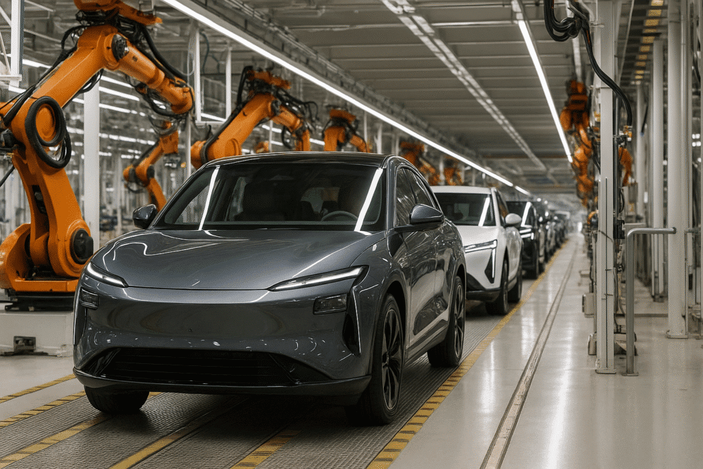 Línea de producción automatizada de coches eléctricos en China con brazos robóticos ensamblando vehículos modernos, destacando la eficiencia y tecnología en la fabricación de coches eléctricos China.