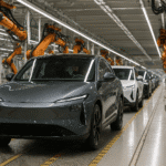 Línea de producción automatizada de coches eléctricos en China con brazos robóticos ensamblando vehículos modernos, destacando la eficiencia y tecnología en la fabricación de coches eléctricos China.