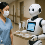 Enfermera con mascarilla interactuando con el robot enfermero Taiwán, que sostiene una bandeja con medicamentos y soluciones intravenosas en un hospital moderno.