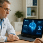 Médico con bata blanca y estetoscopio observando una laptop con interfaz de diagnóstico médico basada en IA, que muestra un cerebro digital y gráficos relacionados, ilustrando el uso de la IA médica de Microsoft para diagnósticos avanzados.