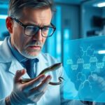 Científico en laboratorio sosteniendo una serpiente mientras analiza una simulación digital de proteínas, ilustrando cómo la IA neutraliza veneno serpiente mediante diseño molecular.