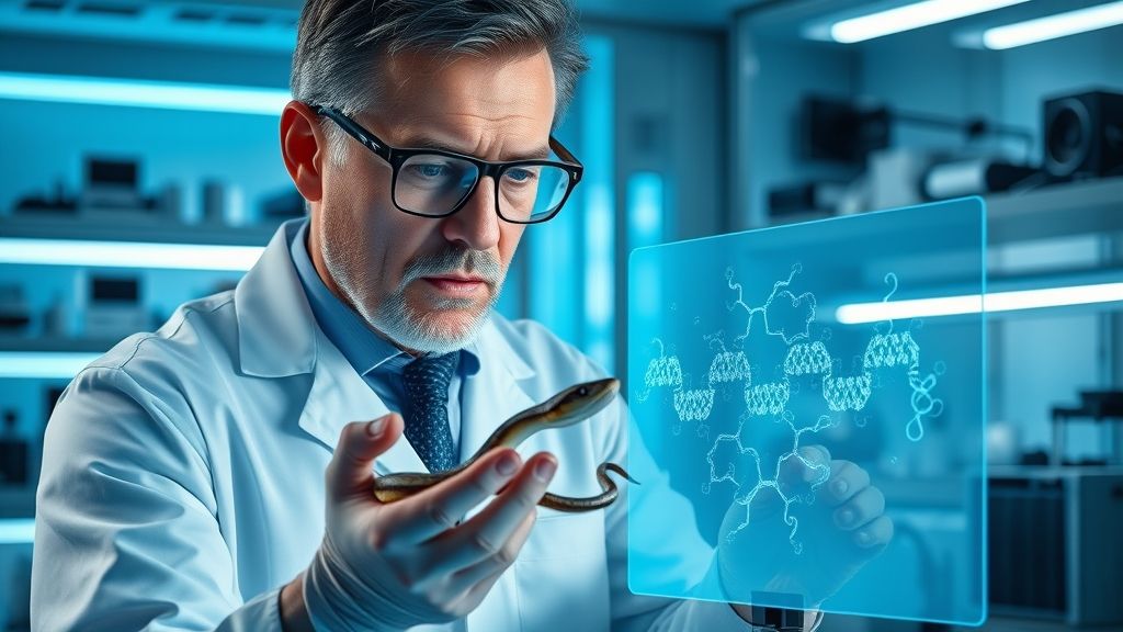Científico en laboratorio sosteniendo una serpiente mientras analiza una simulación digital de proteínas, ilustrando cómo la IA neutraliza veneno serpiente mediante diseño molecular.