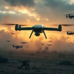 Enjambre de drones futuristas sobre Ucrania devastada; un dron de combate IA apunta a un objetivo en la guerra de drones en Ucrania.