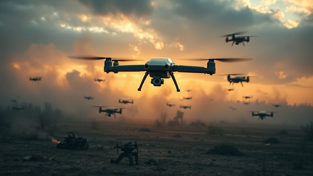 Enjambre de drones futuristas sobre Ucrania devastada; un dron de combate IA apunta a un objetivo en la guerra de drones en Ucrania.