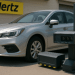 Escáner automatizado UVeye inspeccionando un coche de alquiler frente a una sucursal de Hertz, parte del nuevo sistema de inspección de vehículos con IA.
