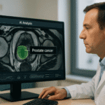 Médico analiza imagen de resonancia magnética en computadora con IA que detecta cáncer de próstata, destacando zona afectada en verde.