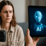 Mujer con expresión de preocupación frente a una cámara mientras observa una tablet que muestra un robot con el texto "AI", representando el impacto de la IA en el consumo en España.