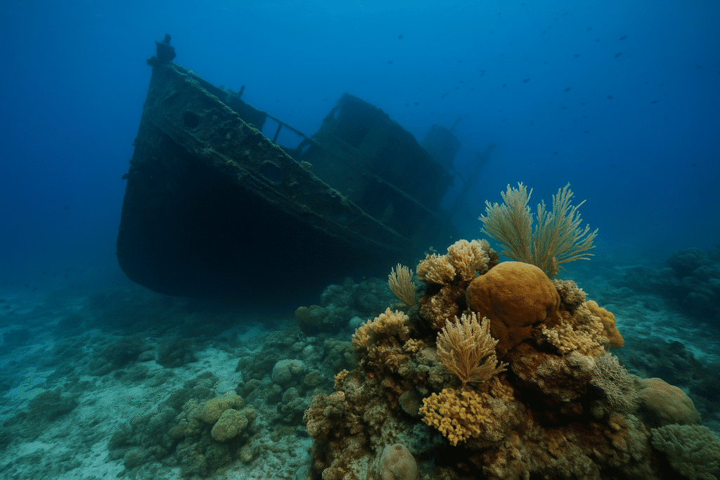 Naufragio sumergido parcialmente cubierto por corales en el fondo marino, simbolizando el impacto ecológico y la interacción entre naufragios y arrecifes.