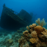 Naufragio sumergido parcialmente cubierto por corales en el fondo marino, simbolizando el impacto ecológico y la interacción entre naufragios y arrecifes.