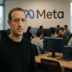 Mark Zuckerberg en una oficina de Meta rodeado de ingenieros trabajando en desarrollo de inteligencia artificial, ilustrando la inversión en talento y los altos salarios en Meta.
