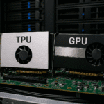 Comparación visual entre una TPU de Google y una GPU de NVIDIA montadas en una placa madre, representando la competencia entre tecnologías para acelerar procesos de inteligencia artificial.