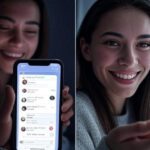 Mujer joven sonriente sosteniendo un teléfono móvil; en una mitad de la imagen muestra una app de mensajería con posibles perfiles falsos, y en la otra mitad una videollamada manipulada por IA, ilustrando los riesgos de las estafas amorosas con inteligencia artificial.