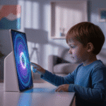 Niño pequeño usando una pantalla táctil con gráficos digitales hipnóticos, mientras una sombra con ojos vigilantes lo observa desde el fondo, simbolizando el peligro oculto de los deepfakes menores generados por inteligencia artificial.