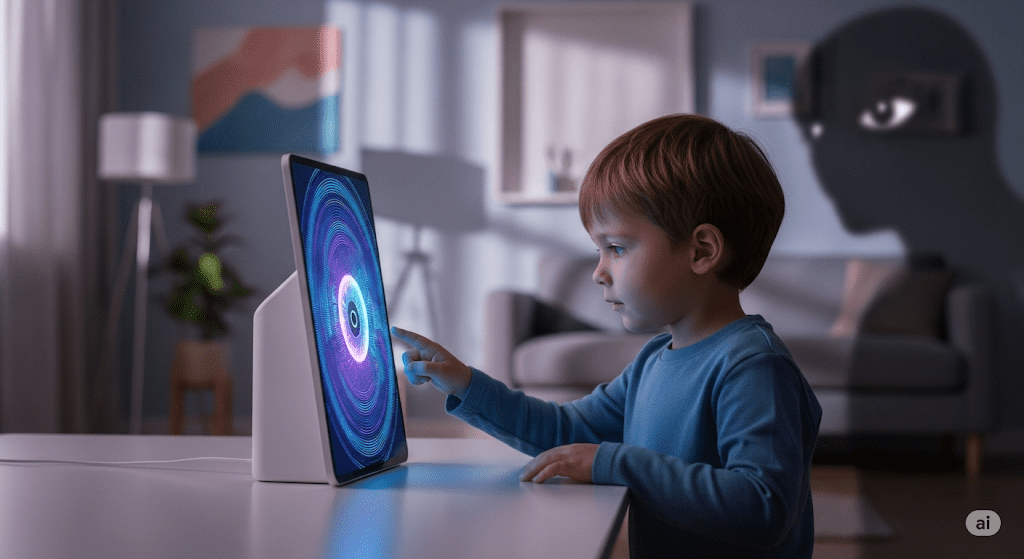 Niño pequeño usando una pantalla táctil con gráficos digitales hipnóticos, mientras una sombra con ojos vigilantes lo observa desde el fondo, simbolizando el peligro oculto de los deepfakes menores generados por inteligencia artificial.