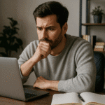 Hombre pensativo frente a un portátil, analizando las limitaciones de los LLMs en un entorno de trabajo con libros y cuaderno abierto.